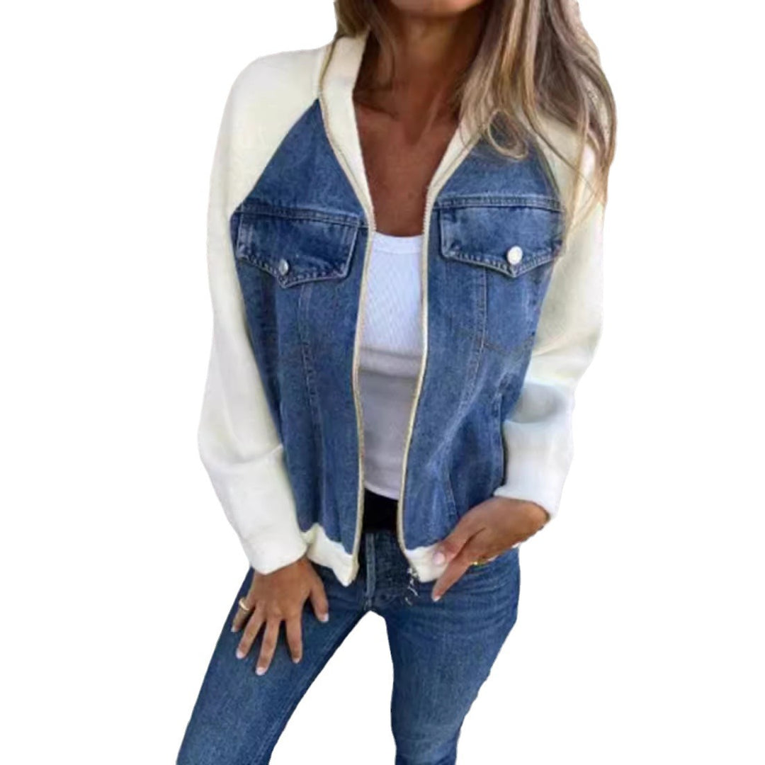 Women's Sweat-Jeans-Bomber Jacket with Raglan Sleeves, Breast Pockets, and Zipper StylebySassy