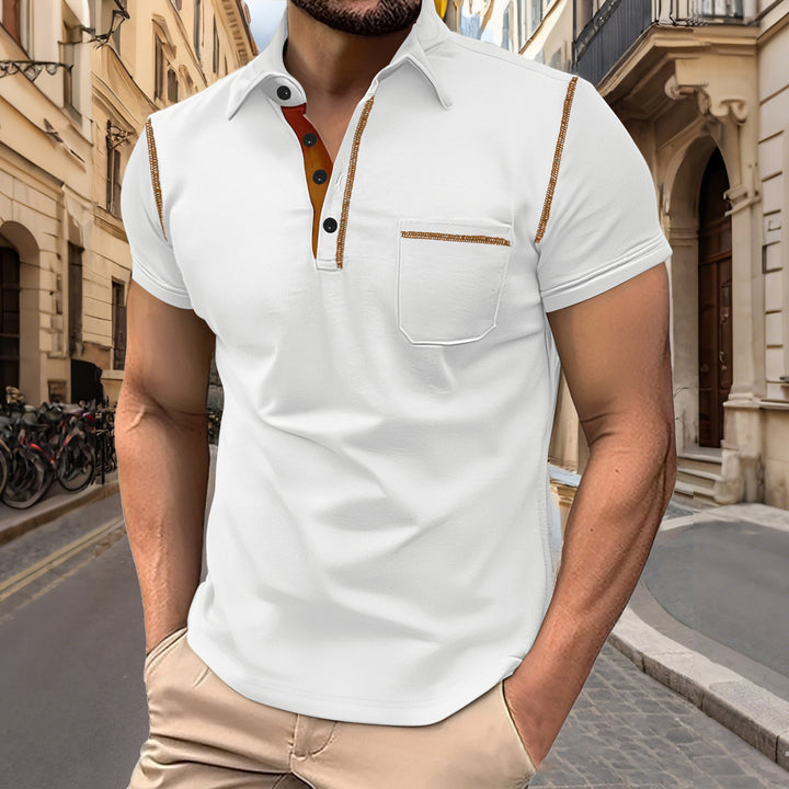 Men's short sleeve polo with chest pocket, contrasting quilted seam and shirt collar StylebySassy