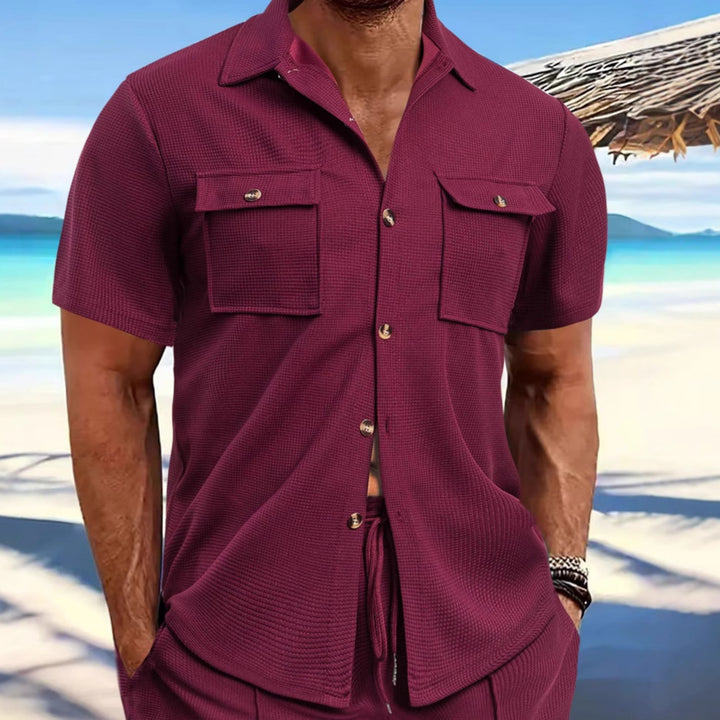 Men's structured waffle lounge set with shirt jacket, chest pockets and corded pants StylebySassy