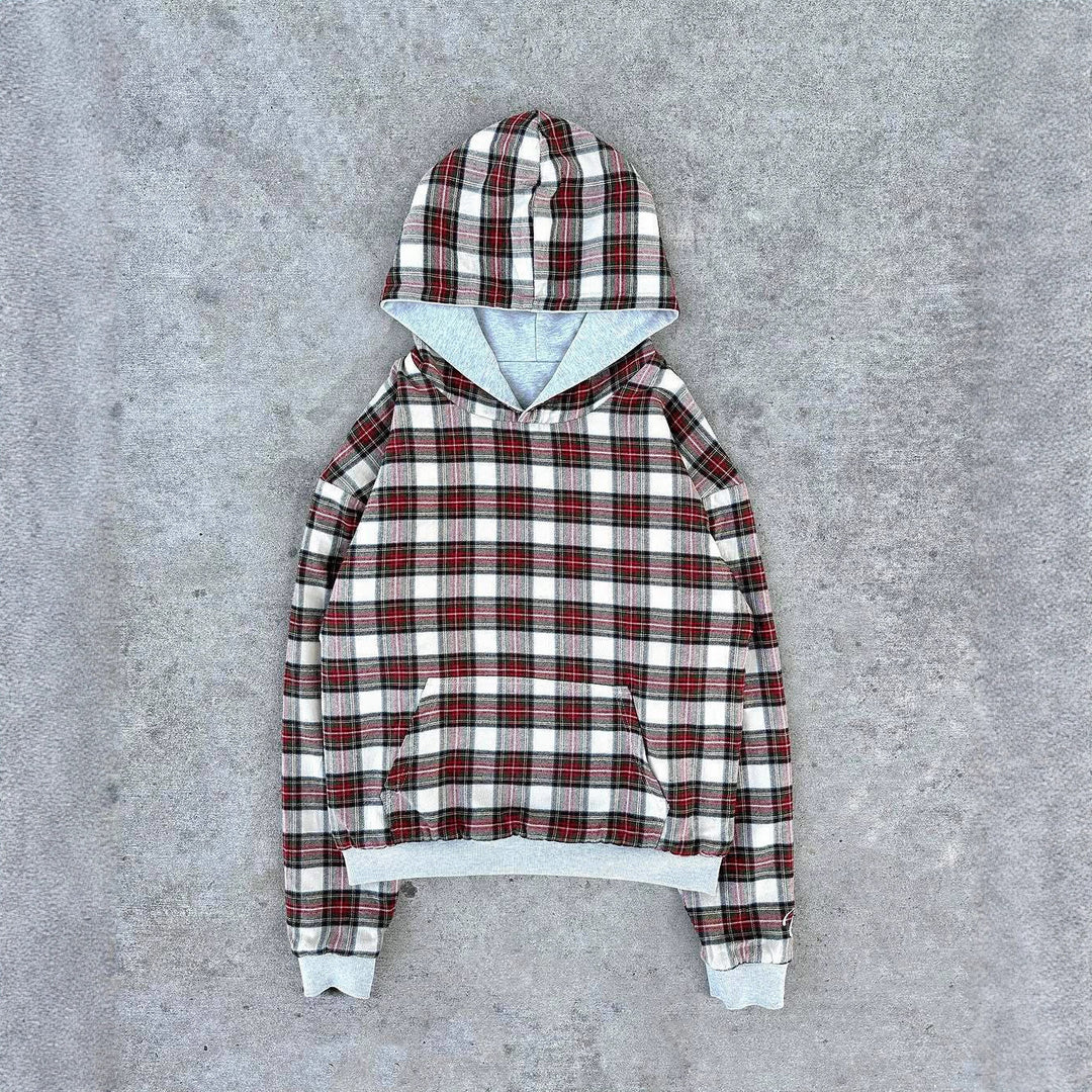Ladies short-cut hoodie with checkered flannel lining and kangaroo pocket StylebySassy