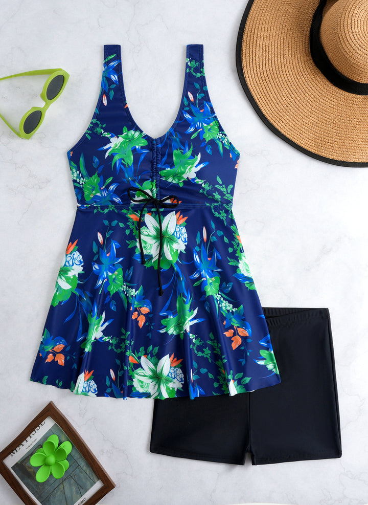 Ladies' tankini set with stylish ruffle and graphic peacock pattern StylebySassy
