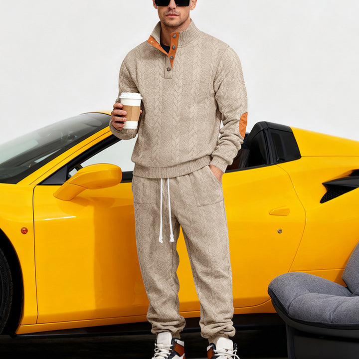 Men's knitted combination of sweater and joggers with cable pattern and elbow patches StylebySassy