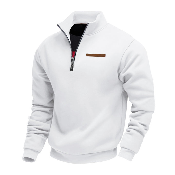 Men's half-zip sweatshirt made of heavy fleece with stand-up collar and concealed chest pocket StylebySassy