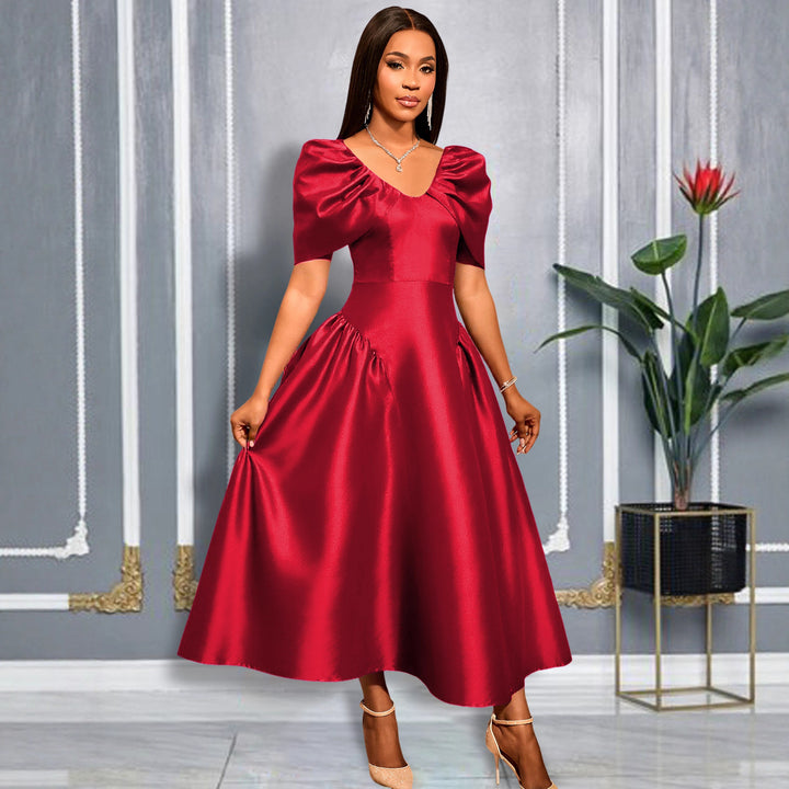 Ladies Elegant Satin Evening Dress with Voluminous Puff Sleeves StylebySassy