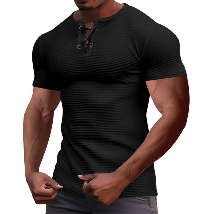 Men's short-sleeve shirt with lace collar, metal eyelets, and fine structured jersey StylebySassy