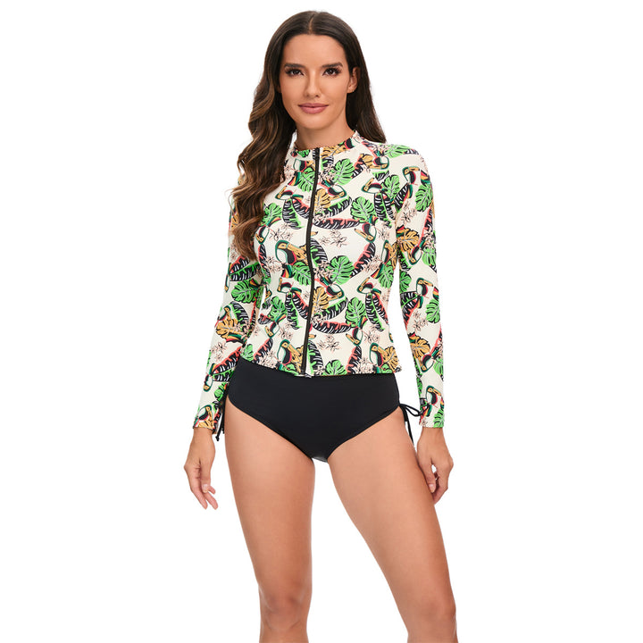 Women's Athletic Long Sleeve Rash Guard with Colorful Animal and Leaf Pattern StylebySassy
