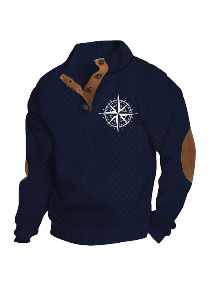 Men's nan Heritage textured pullover with stand-up collar faux leather trim elbow patches and half-button placket StylebySassy