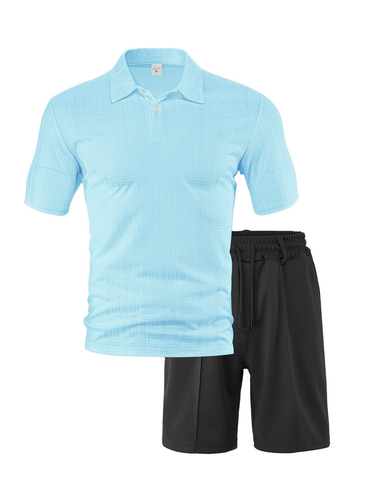 Men's two-piece summer travel set with textured short-sleeve polo shirt and functional mesh shorts StylebySassy