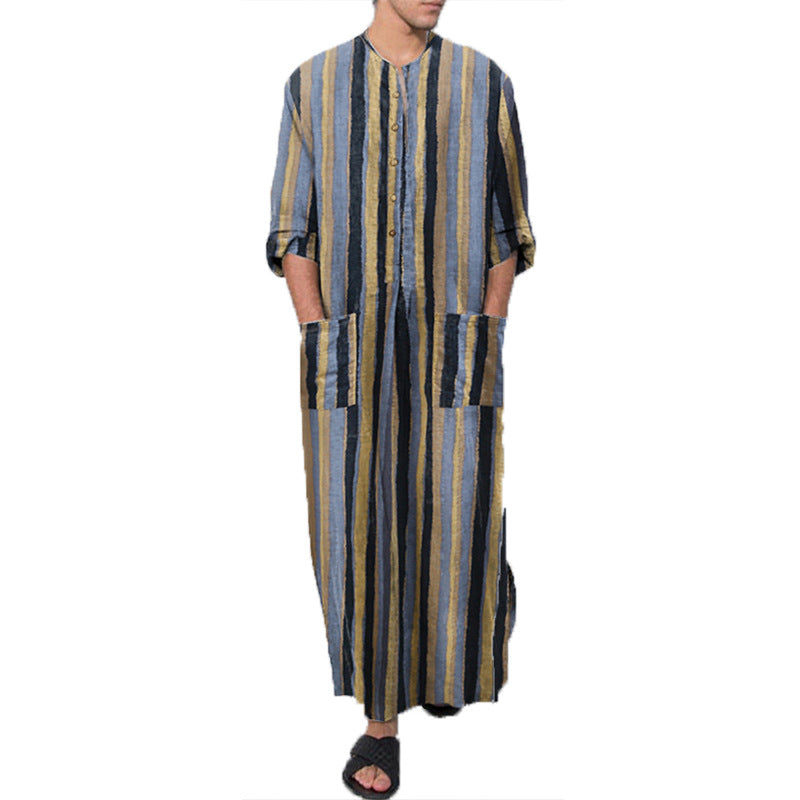 Men's ankle-length striped linen blend kaftan with stand-up collar and patch waist pockets StylebySassy