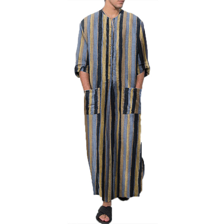 Men's ankle-length striped linen blend kaftan with stand-up collar and patch waist pockets StylebySassy