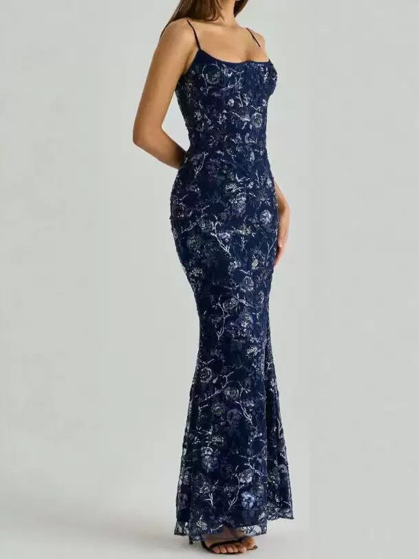 Ladies elegant embroidered evening dress with corset top and transparent lace overlay StylebySassy