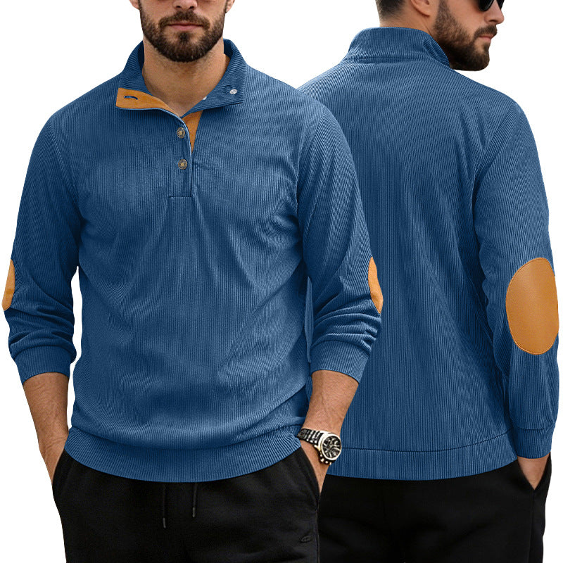 Men's casual structured sweater with polo collar, short button placket and vegan leather trims StylebySassy