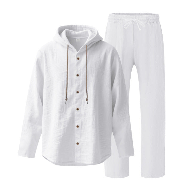 Men's two-piece lounge set with button hoodie shirt made of crepe jersey and straight drawstring pants StylebySassy