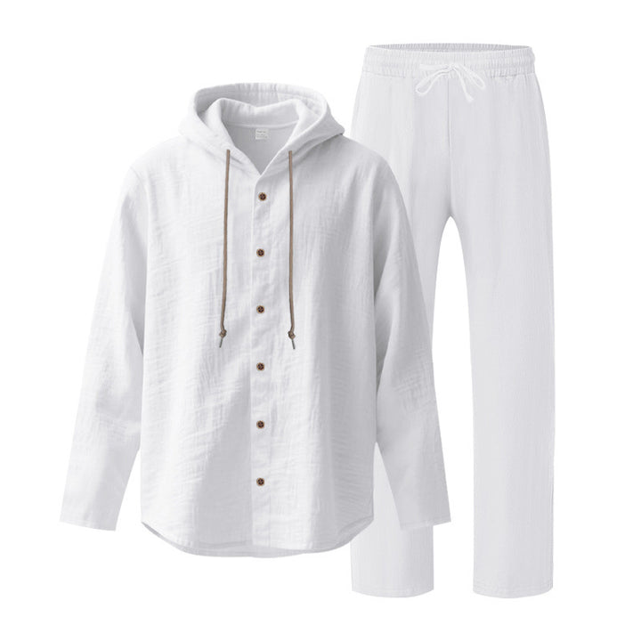 Men's two-piece lounge set with button hoodie shirt made of crepe jersey and straight drawstring pants StylebySassy