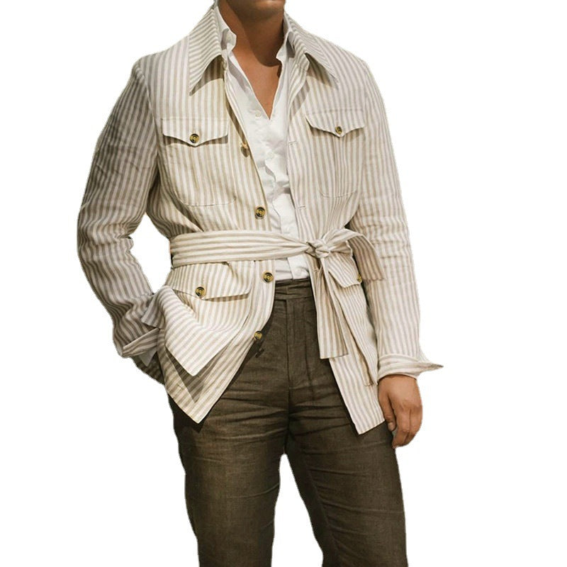 Women's striped shirt jacket made of cotton blend with patch breast and hip pockets StylebySassy