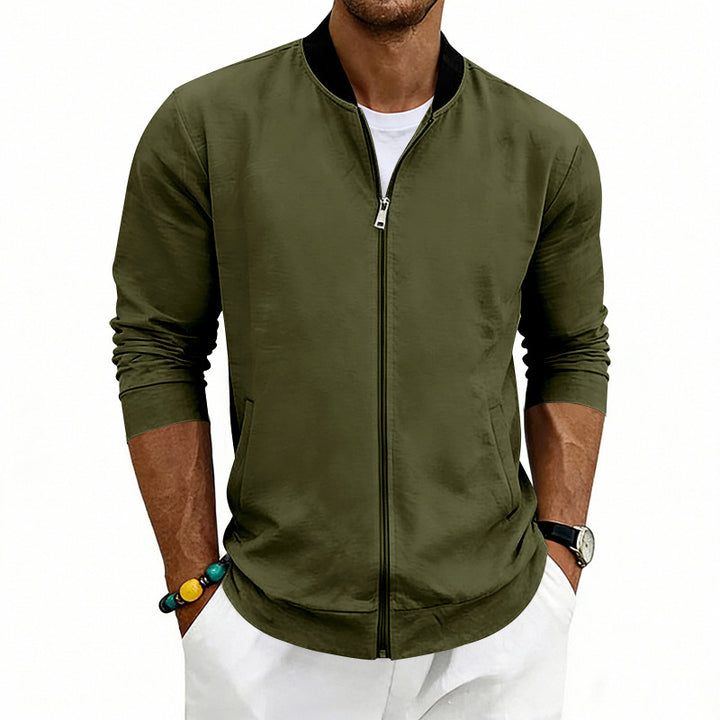 Men's lightweight bomber jacket made of jersey with stand-up collar, elastic cuffs, and concealed pockets StylebySassy