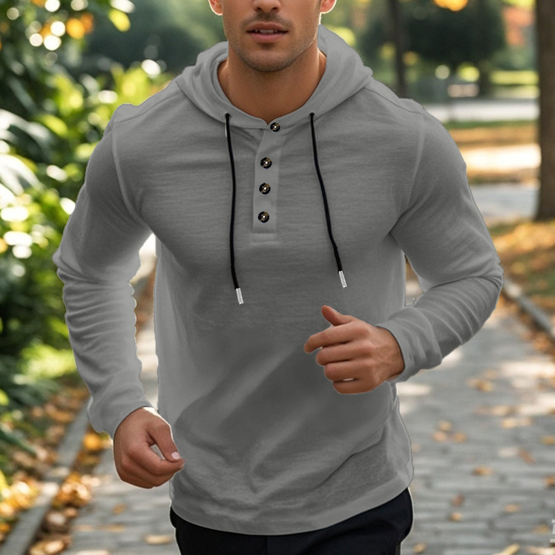 Men's casual hoodie in Henley style with button placket and adjustable drawstring StylebySassy