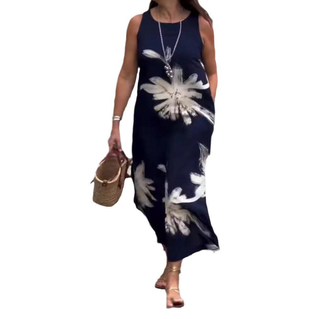 Women sleeveless casual maxi dress made of lightweight jersey with large brush flower pattern and hidden side pockets StylebySassy
