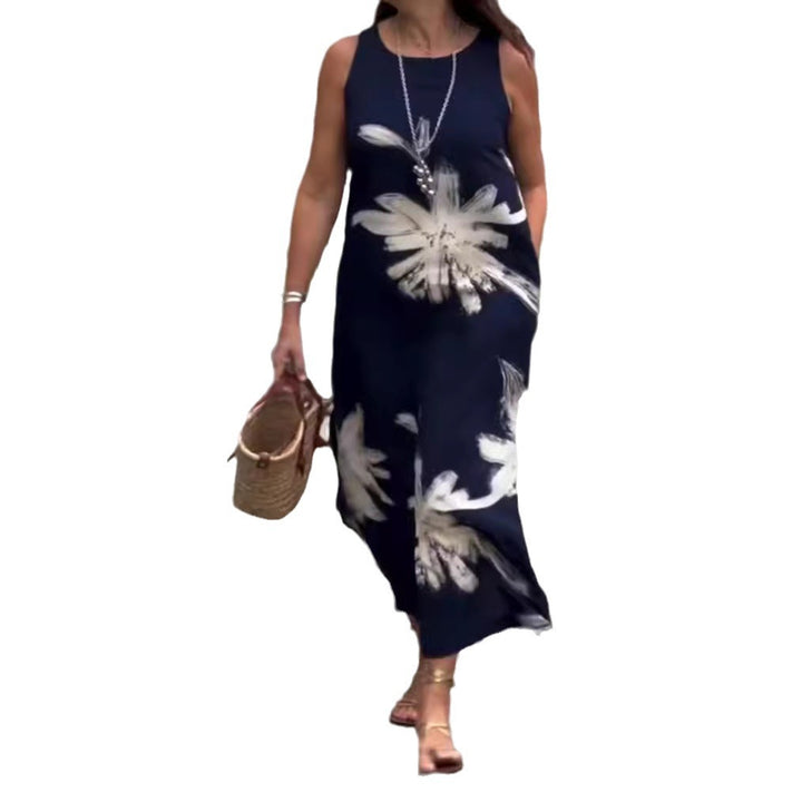 Women sleeveless casual maxi dress made of lightweight jersey with large brush flower pattern and hidden side pockets StylebySassy