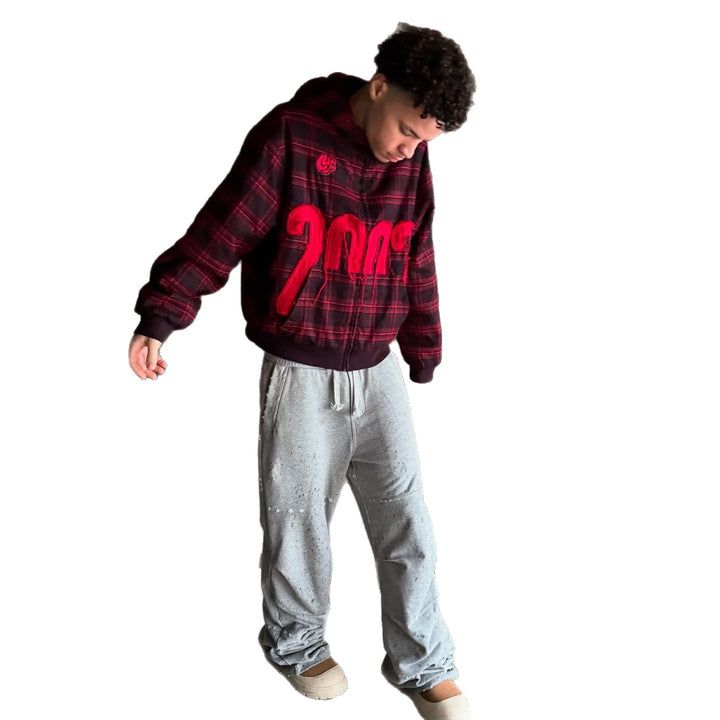 Unisex nan checkered hoodie with frayed year application and ribbed cuffs StylebySassy