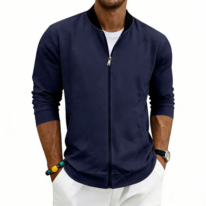 Men's lightweight bomber jacket made of jersey with stand-up collar, elastic cuffs, and concealed pockets StylebySassy