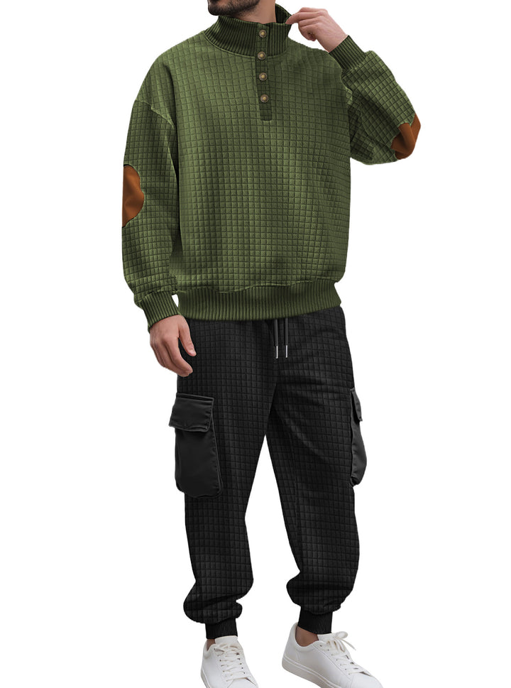 Men's check relief sweat set with stand collar button placket, velour elbow patches and cargo jogger StylebySassy