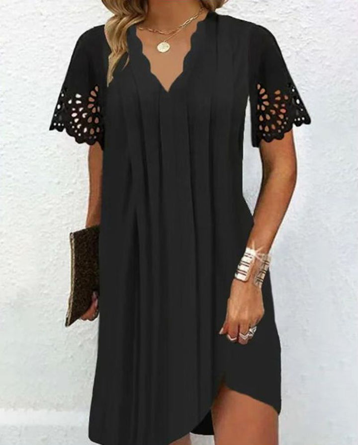 Women's A-line short dress with wavy V-neck, lace embroidery sleeves and asymmetrical hem StylebySassy