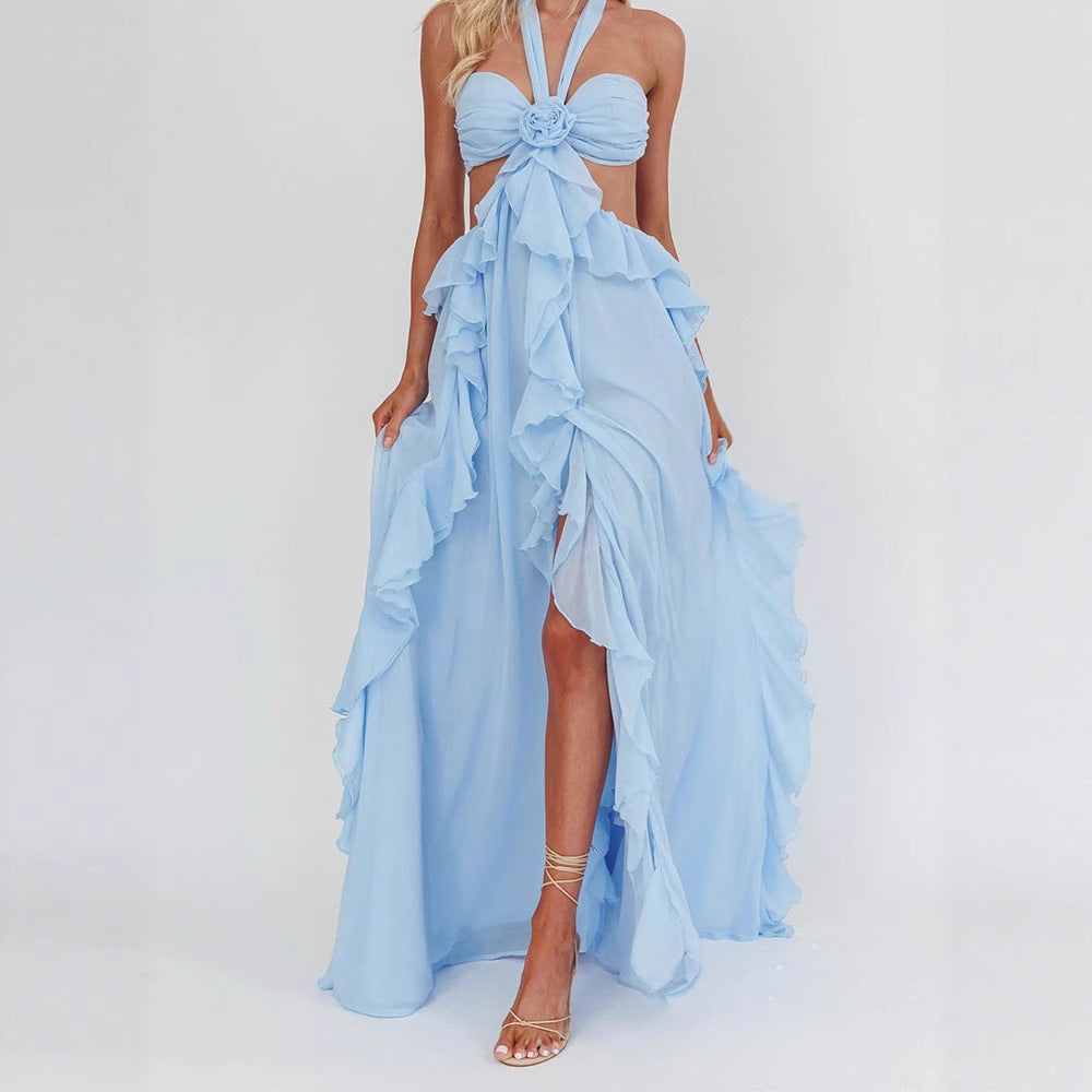 Ladies maxi dress with frills and bandeau neckline StylebySassy