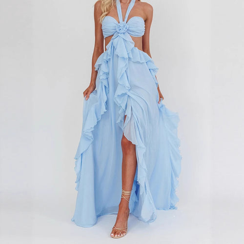 Ladies maxi dress with frills and bandeau neckline StylebySassy
