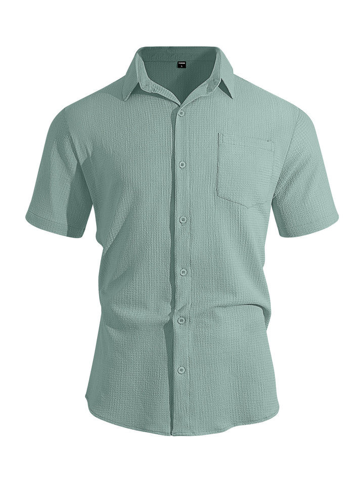 Men's short-sleeve shirt in textured cotton yarn look with Kent collar and applied breast pocket StylebySassy