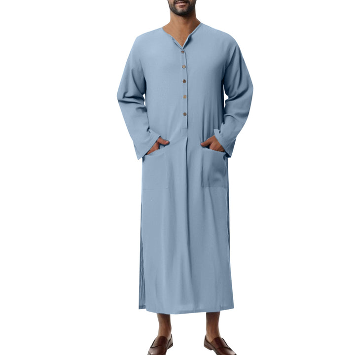 Men's wide long tunic-kaftan made of breathable linen with stand-up collar, button placket, and patch pockets StylebySassy