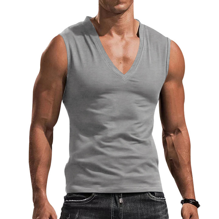 Men's fitted tank top with deep V-neck and stretch cotton blend StylebySassy