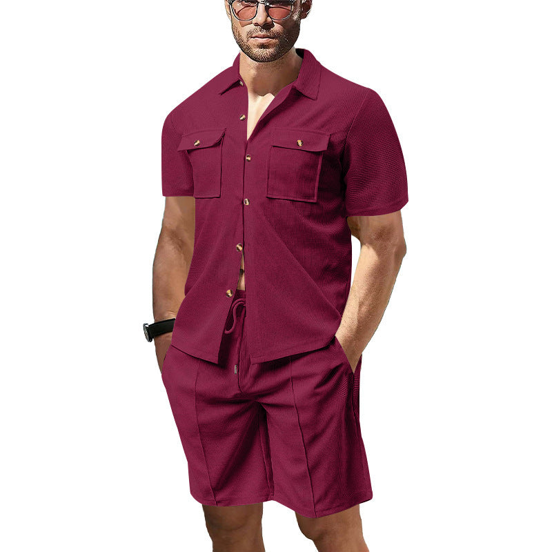Men's structured short-sleeve shirt and bermuda set made of breathable cotton blend with chest pockets and drawstring StylebySassy