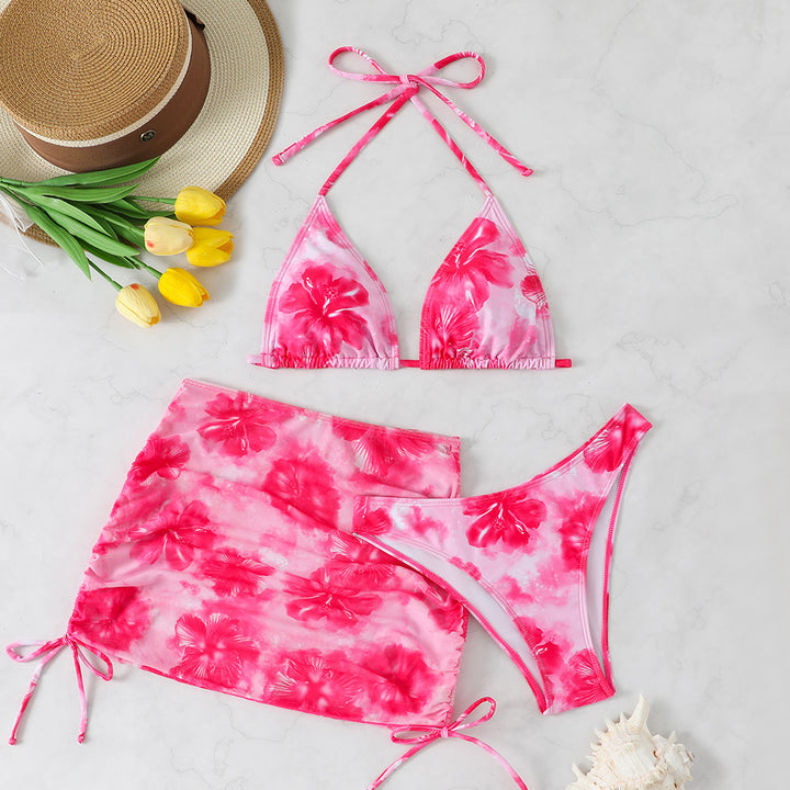 Women's Triangle Bikini Set with Adjustable Straps and Floral Wrap Skirt StylebySassy