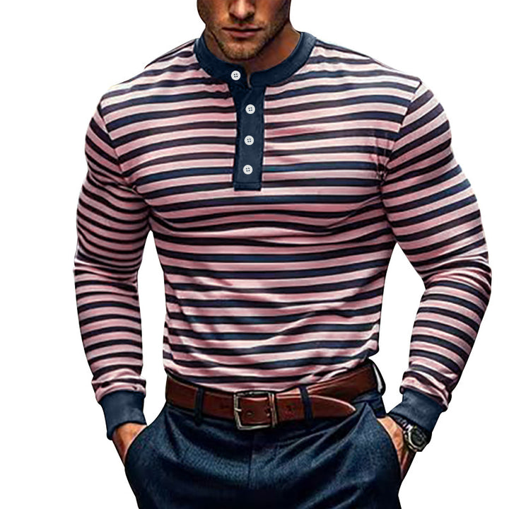 Men's striped long-sleeve Henley shirt with stand-up collar and button placket StylebySassy