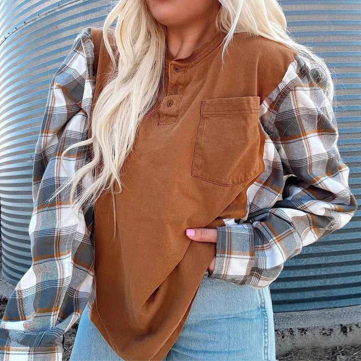 Women's nan further Henley pullover in layered look with checked sleeves and chest pocket StylebySassy