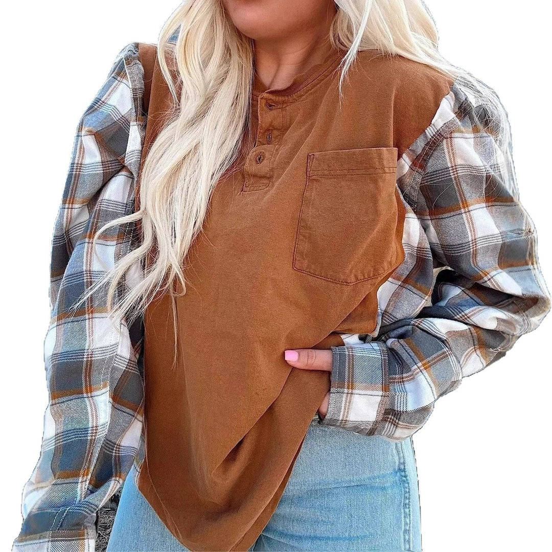 Women's nan further Henley pullover in layered look with checked sleeves and chest pocket StylebySassy