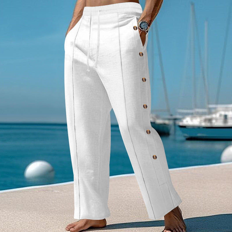 Men's nautical relaxed trousers with wide leg, elastic drawstring waistband and side button placket StylebySassy