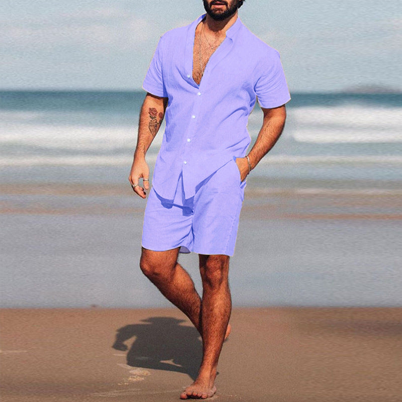 Men's two-piece summer leisure ensemble with open shirt collar and loose knee-length shorts StylebySassy