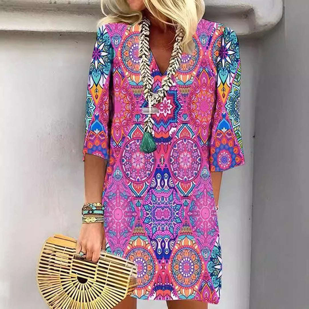 Women's short Boho beach dress in mandala print with V-neck, three-quarter sleeves, and casual A-line StylebySassy