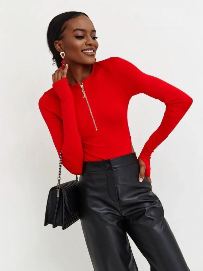 Women's Long Sleeve Bodysuits with Zipper and Side Cut-Out