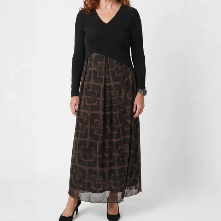 Ladies' V-neck Maxi Dress with Fitted Wrap Top and Transparent Patterned Overlay Skirt StylebySassy