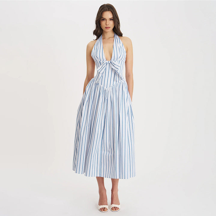 Women’s maxi dress with casual halter neck and playful bow detail