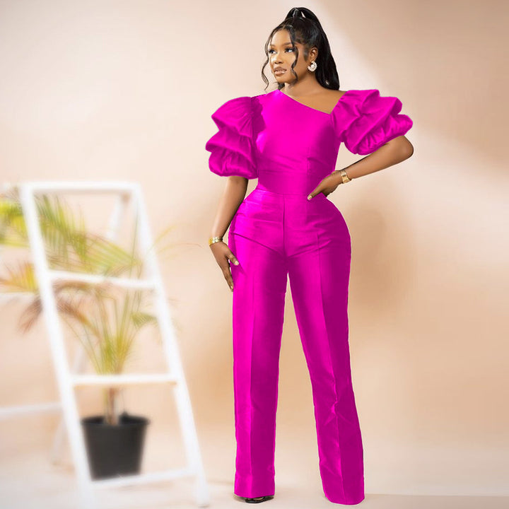 Ladies Elegant Jumpsuit with Asymmetric Puffed Sleeves StylebySassy