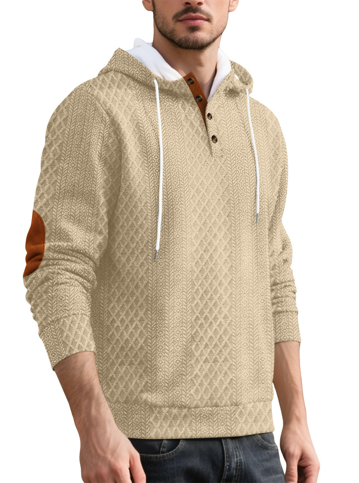 Men's nan diamond structure hoodie with short button placket, quilted hood inner edge, and suede elbow patch StylebySassy