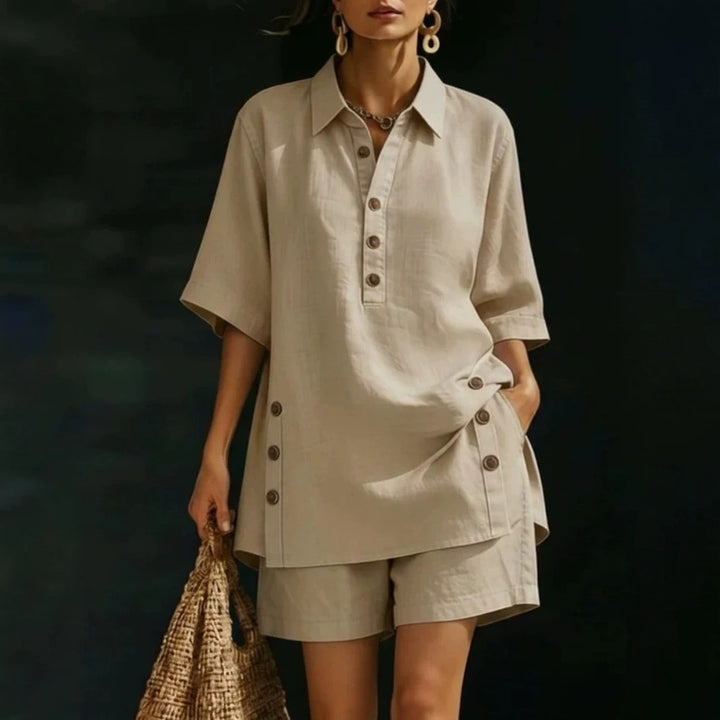 Women's airy linen-look two-piece set with oversized shirt blouse, button placket, and Bermuda shorts StylebySassy