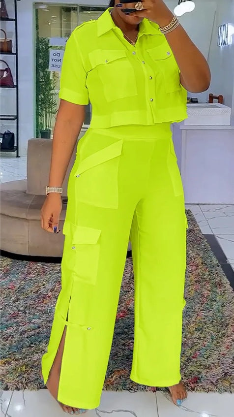 Women's two-piece shirt and cargo pants set with short oversized shirt, high waist, wide leg, and side leg slits StylebySassy