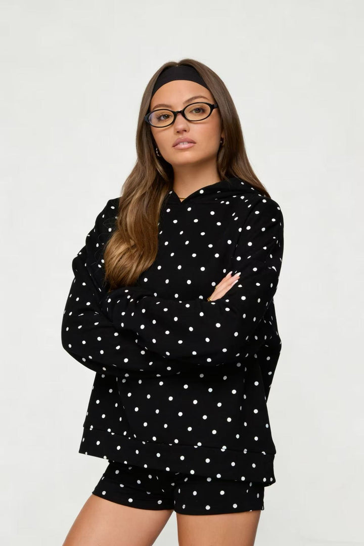 Women's dotted comfort set with hooded sweatshirt, kangaroo pocket and shorts StylebySassy