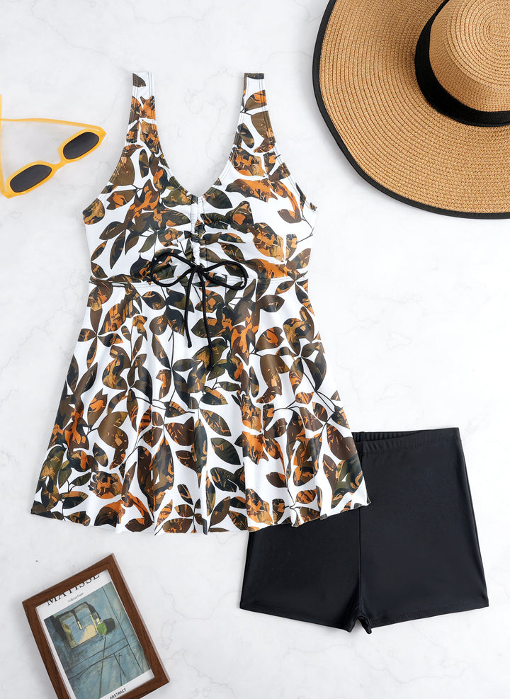 Ladies' tankini set with stylish ruffle and graphic peacock pattern StylebySassy