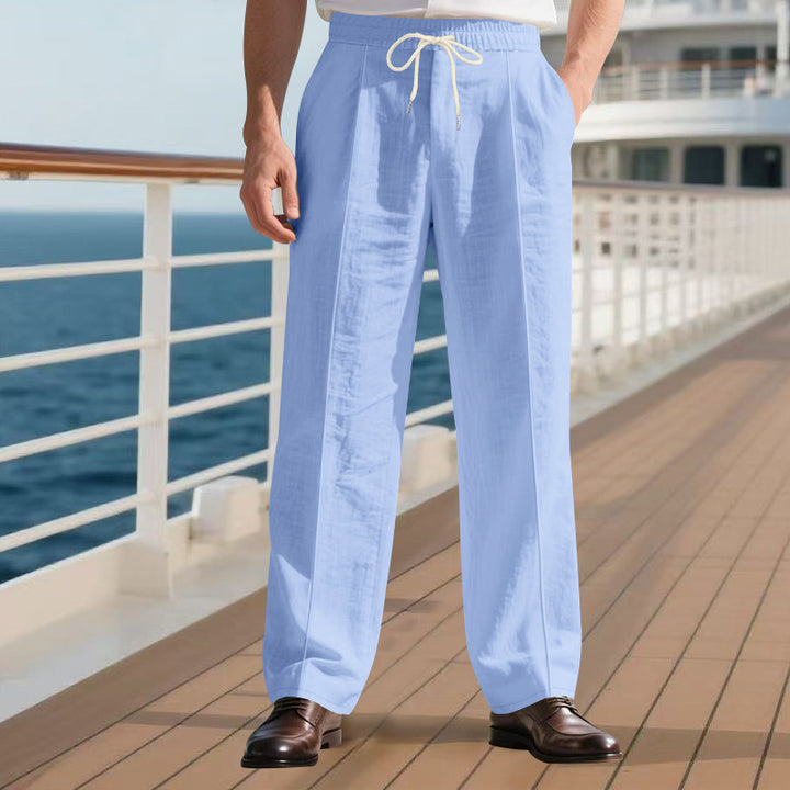 Men's light linen pleated trousers with elastic waistband and drawstring StylebySassy